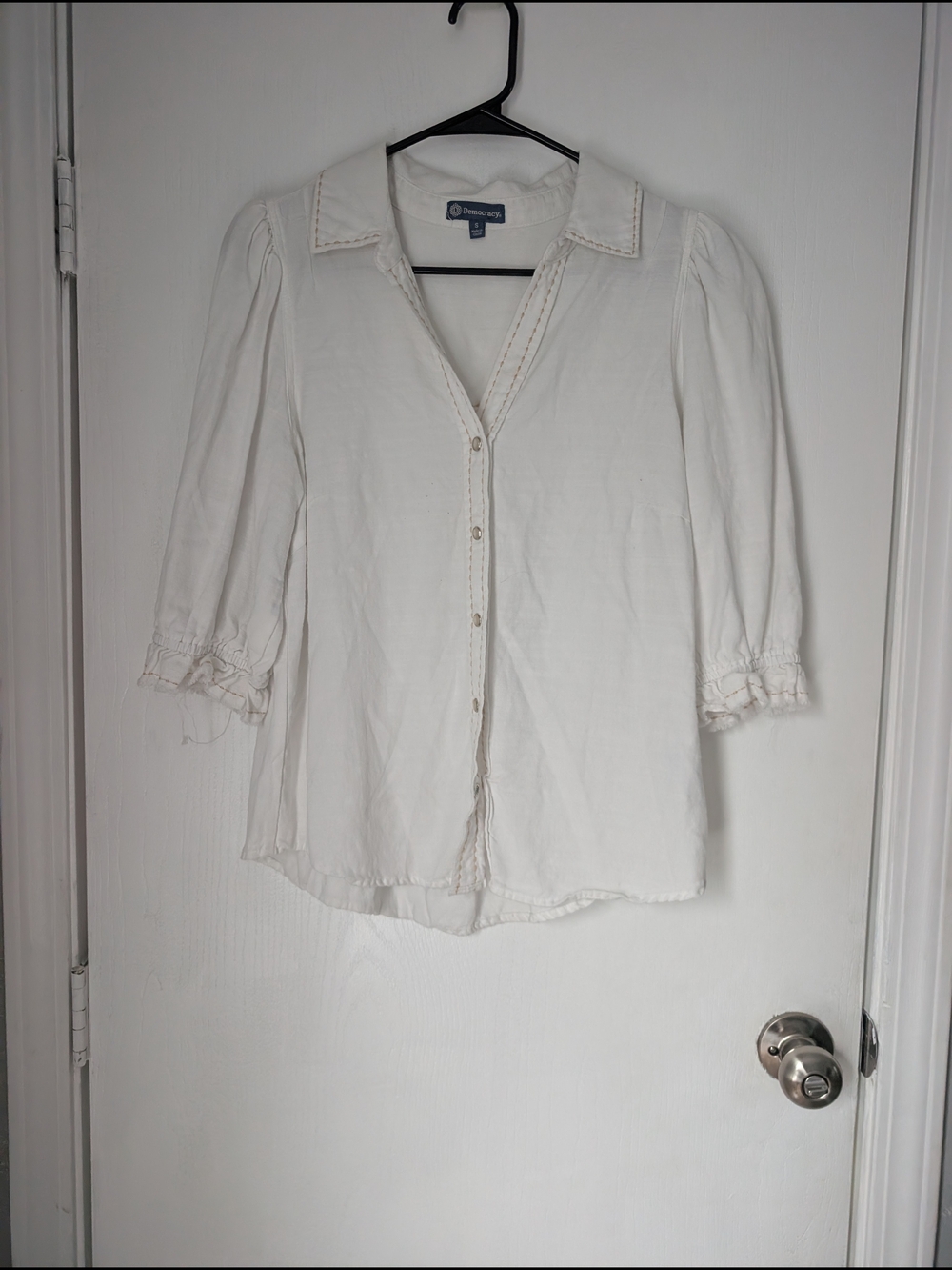 Cream Ruffled Cuff Button-Front Blouse